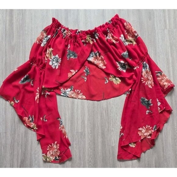 Live 4 Truth Red Floral Off Shoulder Peasant Blouse Bell Sleeve Boho Top L - Picture 9 of 10